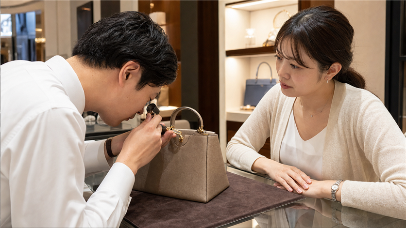 専門店でブランドバッグの査定を受ける場面